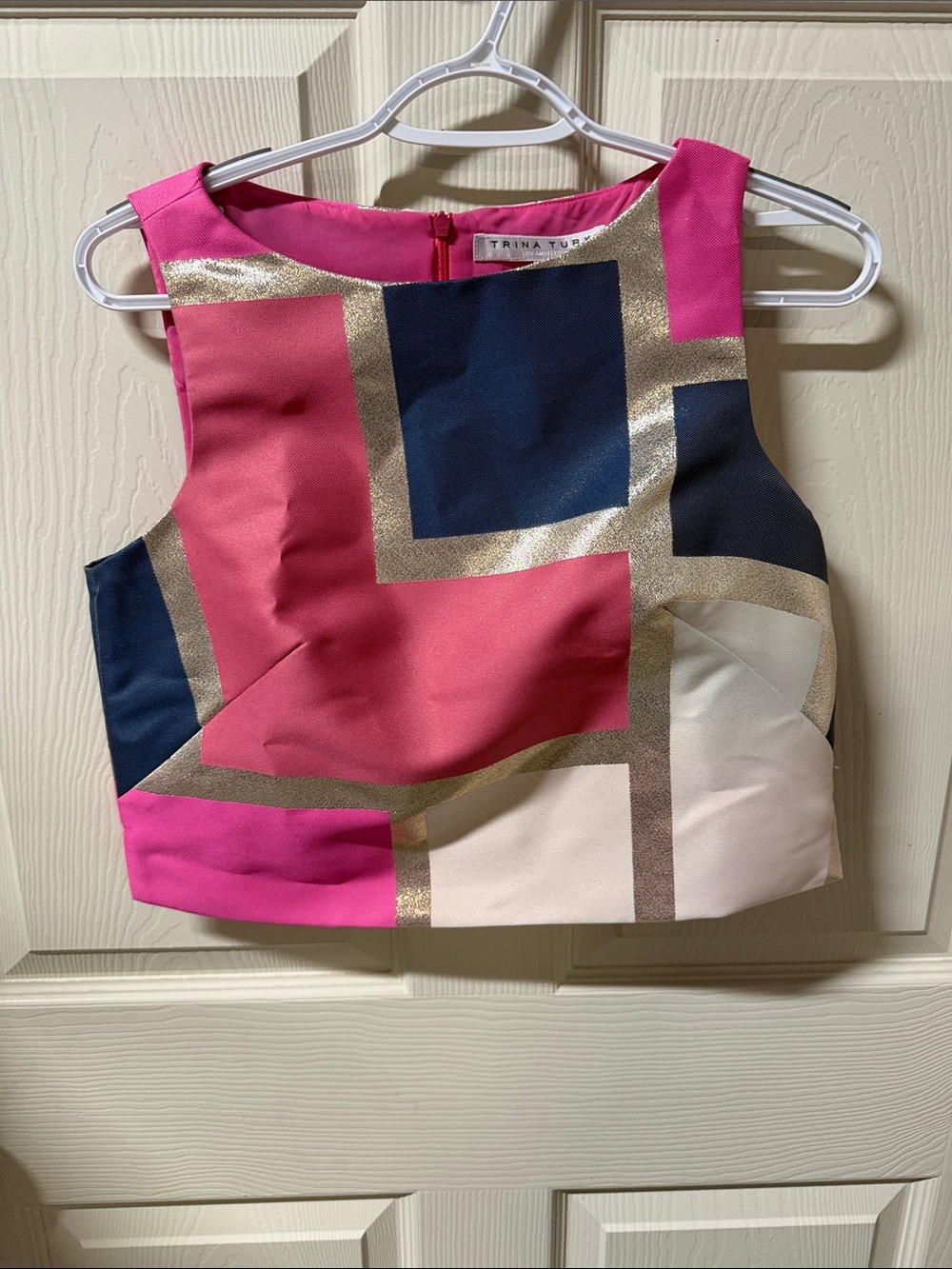 Trina Turk Pink Navy Cream Colorblock Metallic Crop Top